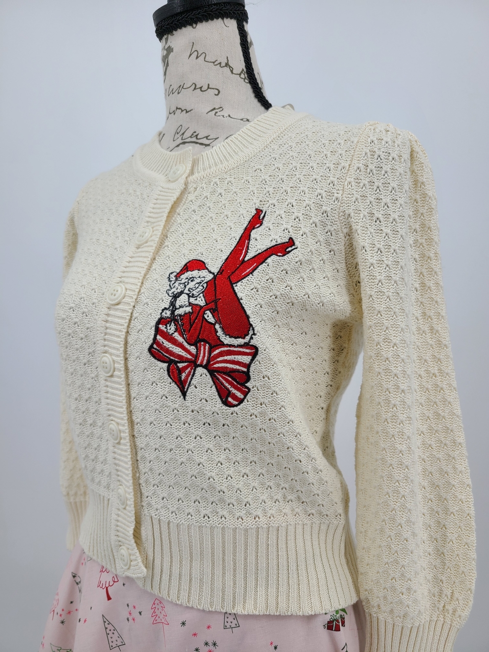 Unique Vintage 100% Cotton Knit Cardigan With Pin Up Santa Girl Size Medium